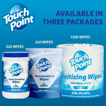 Touch Point Wipes TP Hand Sanitizing Wipes - 6 Pouches x 320 Wipes, 6.7 in. x 6.75 in., FDA Registered, 6PK WS320HSR